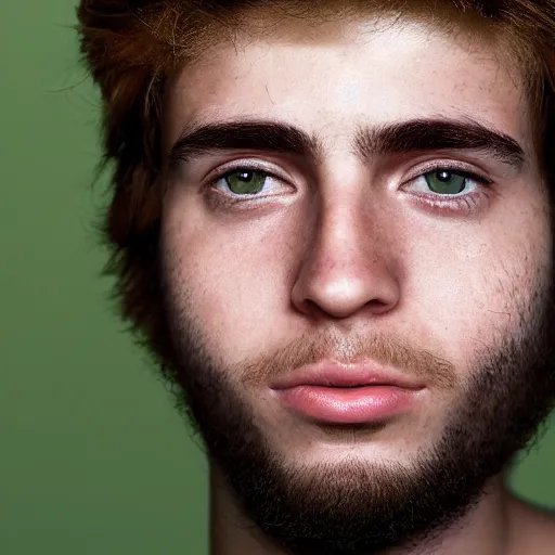 Prompt: hyper - realistic, kodachrome head and shoulders shot portrait of an attractive ethereal 2 3 year old male, of mixed german and brazilian descent with white skin, a slightly large nose, blond short male hair and green eyes, weak beard. in the style of steve mccurry