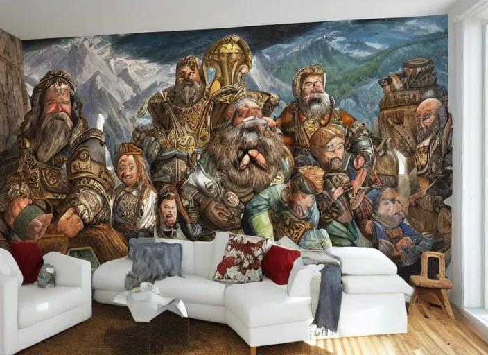 Image similar to dwarven mural depicting a family history of mountain dwarves. a large jewel is the focal point of the mural