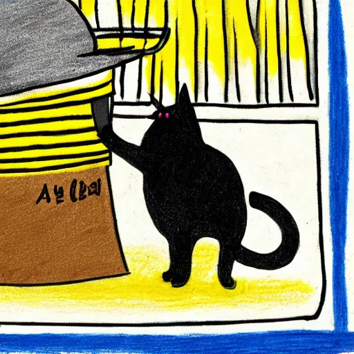 Prompt: A cat wearing a bucket hat black and a scarf drinking a beer at an outside bar in Stockholm, the clothes are black and yellow, children’s book drawing