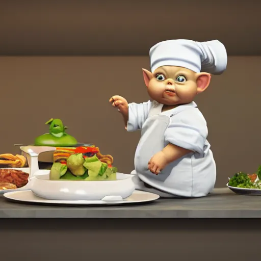 Image similar to curious mouth agape innocent tiny overweight chubby baby yoda as chef wearing white chefs hat and white apron, offering a plate of food, vegetables, photography, hyperrealism, unreal engine, octane 3 d render, houdini, unity 3 d, highres, adobe premier pro