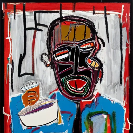 Prompt: Calm Morning. Sunlight is pouring through the window lighting the face of an old man drinking from a red cup of coffee. Detailed and intricate brush lines , oil paint and spray paint, markers, paper collage, crayon and colour transfer on canvas. Painting by Basquiat, 1982