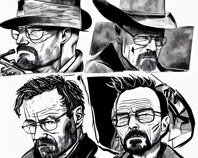 Image similar to Walter White having an old west draw with Jesse Pinkman in the style of The Good, The Bad, and the Ugly