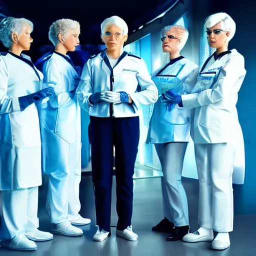 Image similar to line of six women of varying heights and body shapes, white hair, tight light blue neopren space uniforms, futuristic chemistry lab, sci - fi, highly detailed, cinematic