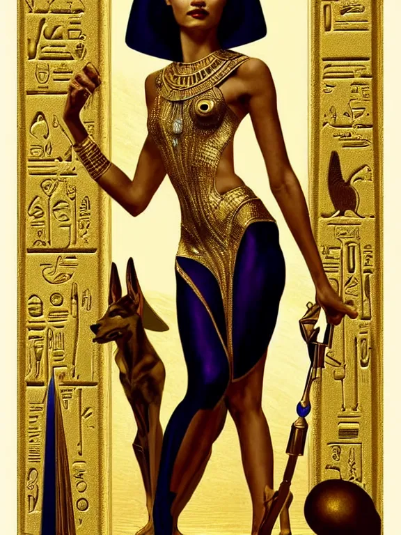 Prompt: zendaya as the Egyptian goddess Anubis the scales of life and death, a beautiful art nouveau portrait by Gil elvgren, Nile river environment , centered composition, defined features, golden ratio, gold jewelry
