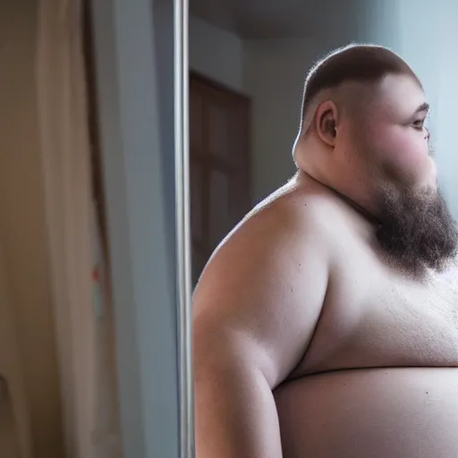 Prompt: a photo of a fat man standing in front of mirror, beautiful woman in reflection, 8k