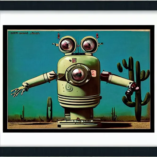 Image similar to extreme wide shot of a 1950s retro Cactus robot, with space above the head. full body framed. Bionic Arms and eyes. pop surrealism, poster art, muted colours. by Jean-Baptiste Monge, wide shot