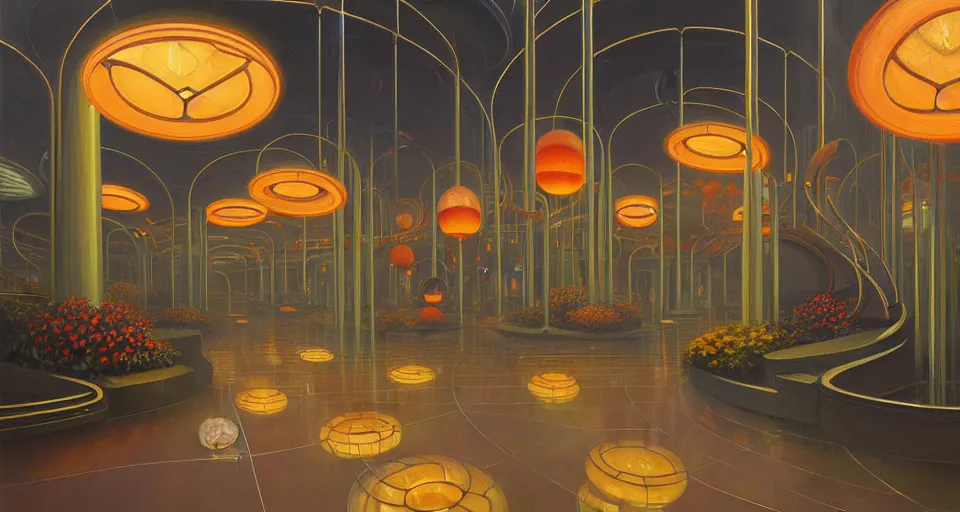 Image similar to a minimalist oil painting by donato giancola, warm coloured, cinematic scifi bioluminescent luxurious futuristic foggy steam filled art deco garden circular shopping mall interior with microscopy minimalist giant windows flowers growing out of pretty bulbous ceramic fountains, gigantic pillars and flowers, maschinen krieger, beeple, star trek, star wars, ilm, star citizen
