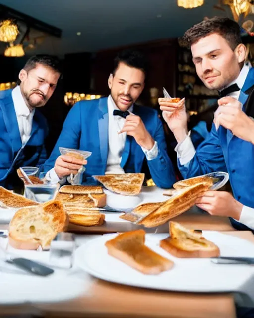 Image similar to a group of well dressed gentleman eating blue toothpaste toasts in a fancy restaurant,