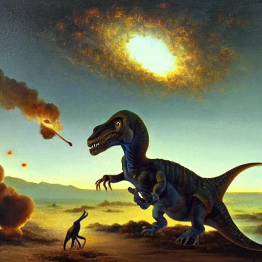 Image similar to masterful oil painting, a meteor crashing to earth while a dinosaur watches it