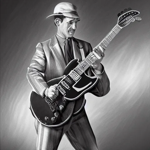 Prompt: 1940's man playing an electric guitar, photorealistic art, hd, 8k, intricate details, high definition, real life