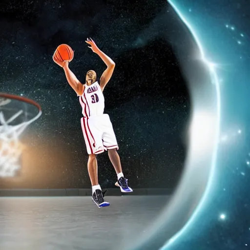 Image similar to A basketball player performing a slam dunk in the space, realistic award winning photography