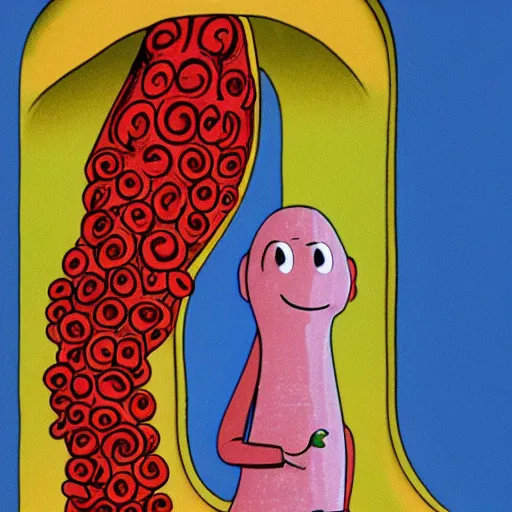 Image similar to a female anthropomorphic intestine in a bathtub, children's television show, 1974, technicolor