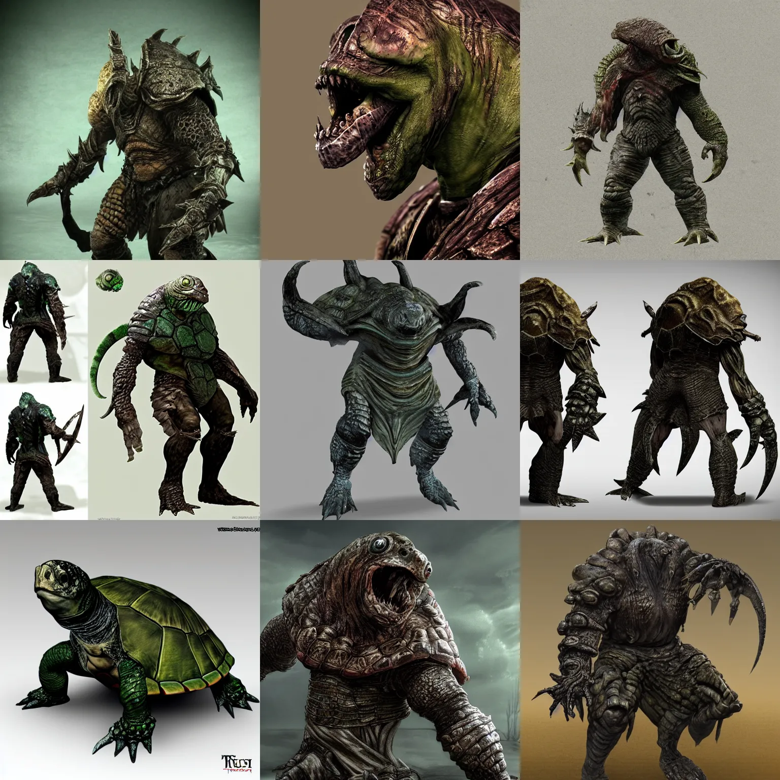 Prompt: elden ring, dark souls, humanoid sturdy turtle monster, photorealistic, grimdark, gruesome, full height, front and side view