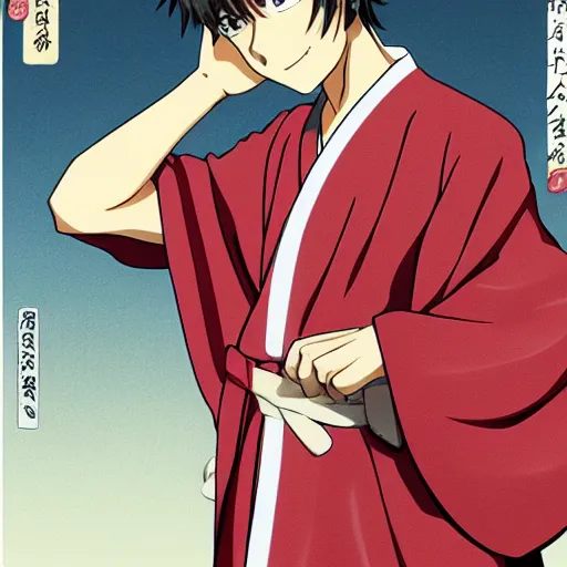 Prompt: Smooth Tan short hair, red eyes, lovely young man，Sougo Okita of Gintama is wearing a kimono,Doujin,Popular on Pixiv