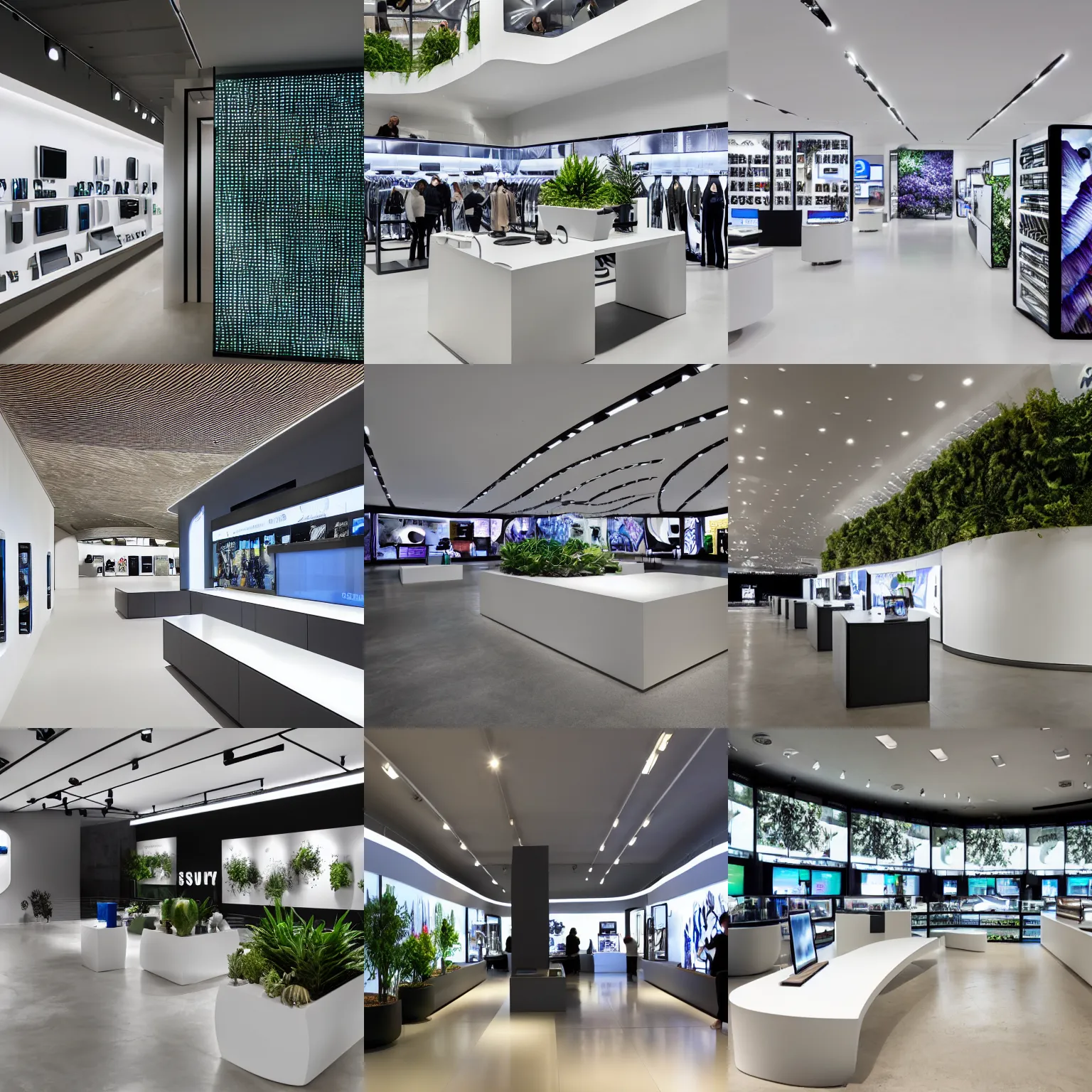Prompt: hyperdetailed contemporary samsung store, polished concrete, white walls, digital screens, curved furniture, lush plants.