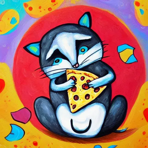 Image similar to an adorable and cute jeremiah ketner acrylic impasto! painting! of a crying, sad raccoon eating pizza