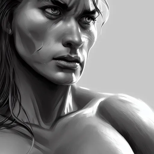 Image similar to overly muscular giant superhuman female gigachad, grayscale, face closeup, epic, digital, highly - detailed, artstation cgsociety