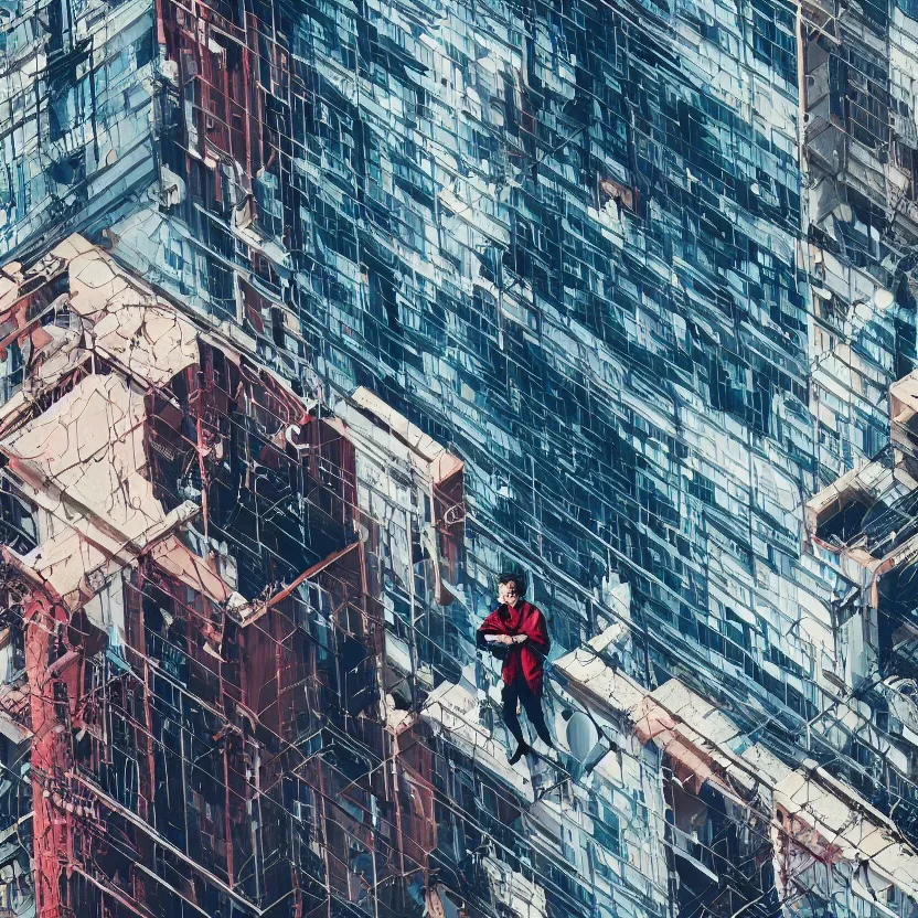 Image similar to a cyber boy ontop of a building, cyberpunk art by elsa bleda, by elsa bleda unsplash contest winner, aestheticism, dystopian art