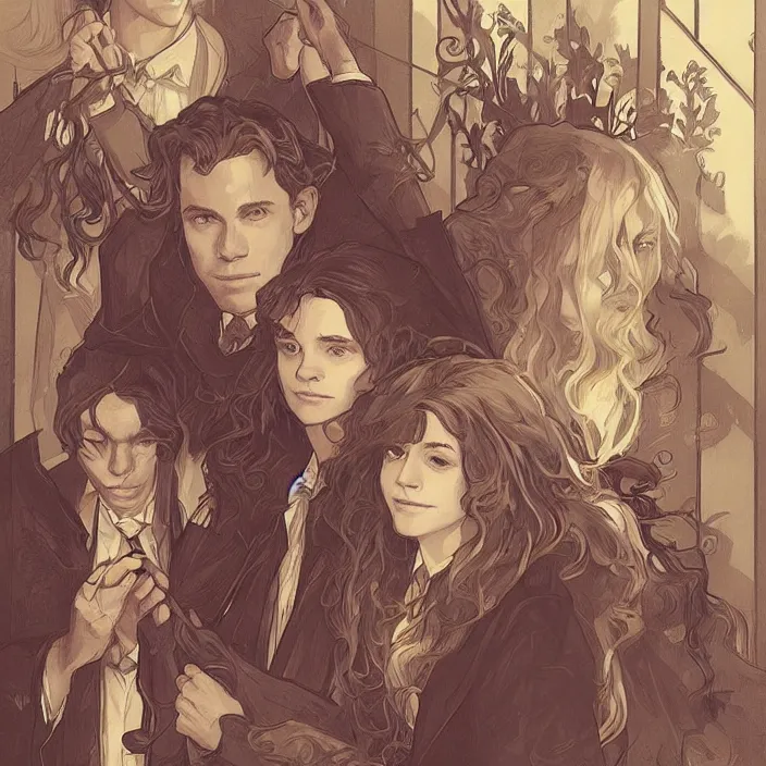 Image similar to harry, hermione and ron during their first year at hogwarts by artgerm, greg rutkowski, alphonse mucha