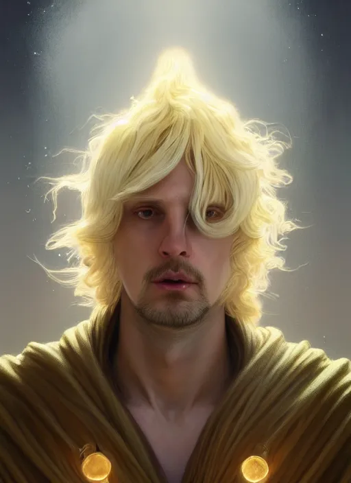 Prompt: Portrait of Clive Palmer, blonde shaggy hair, cloak, ethereal wings, fantasy, extremely detailed, digital painting, artstation, concept art, smooth, sharp focus, illustration, stunning lighting, art by artgerm and greg rutkowski and alphonse mucha and simon stalenhag, realistic character concept, high fantasy, light atmosphere, golden ratio, cinematic lighting, hyperdetailed, high resolution, insanely detailed and intricate, artstation, Marc Simonetti, Greg Rutkowski, 8k