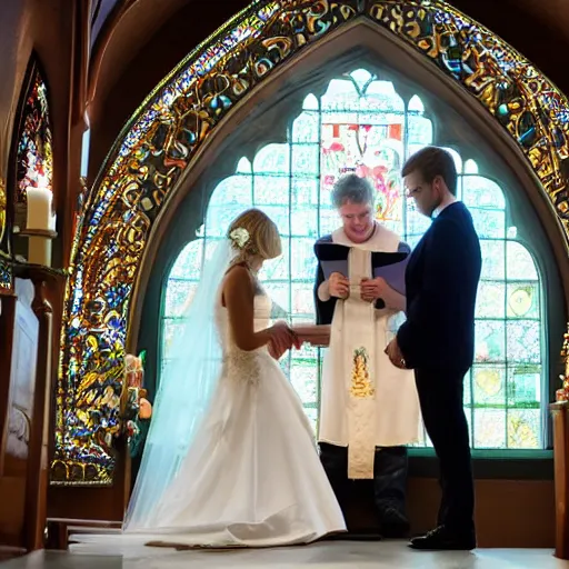 Prompt: a blonde haired woman and a brunette haired man getting married at a chapel, high detail, 4 k uhd, 8 k, great detail, very detailed