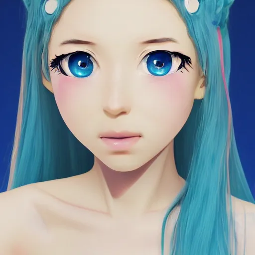 Image similar to a portrait of the young lady hatsune miku of the house lancaster, blue eyes, blue hair, porcelain skin, national portrait gallery