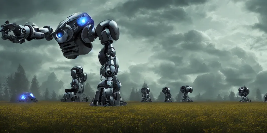 Prompt: robotic uprising on shrubland garigue, matte painting, concept art, 4 k