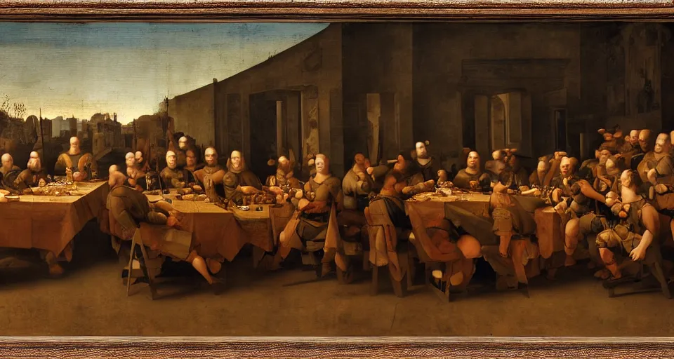 Prompt: us army soldiers sitting at a long rectangle dining table, old painting, intricate, 8 k, us soldiers in uniform eating dinner, dinner table, dining room, renaissance, leonardo da vinci