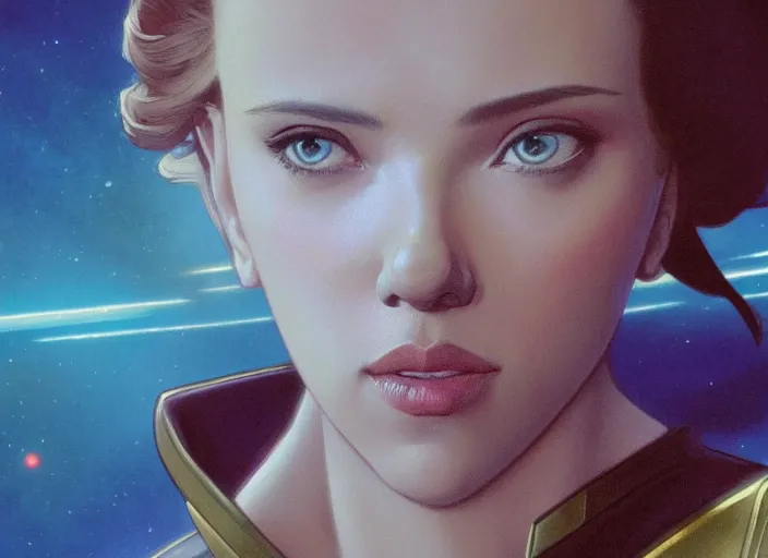 Image similar to a disney film still of scarlett johansson as a star trek officer, finely detailed features, closeup of the face, perfect art, dusk, blue hour, gapmoe yandere grimdark, trending on pixiv fanbox, painted by greg rutkowski, makoto shinkai, takashi takeuchi, alphonse mucha, akihiko yoshida