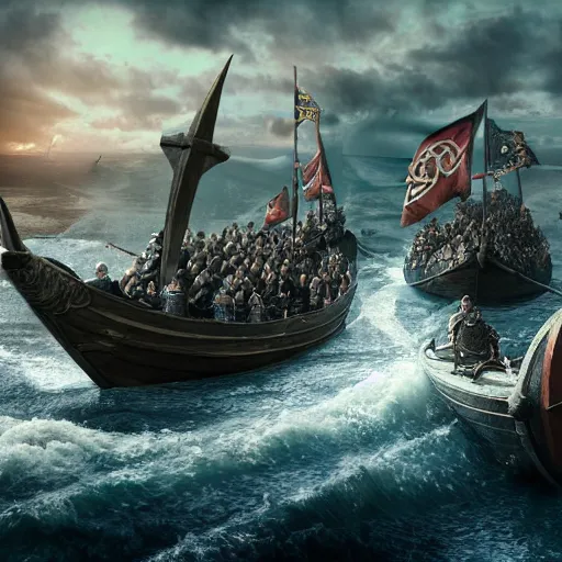 Image similar to An Epic viking sea battle, realistic 4k octane beautifully detailed render, 4k post-processing, highly detailed, intricate complexity, epic composition, magical atmosphere, cinematic lighting, masterpiece, ultra hd