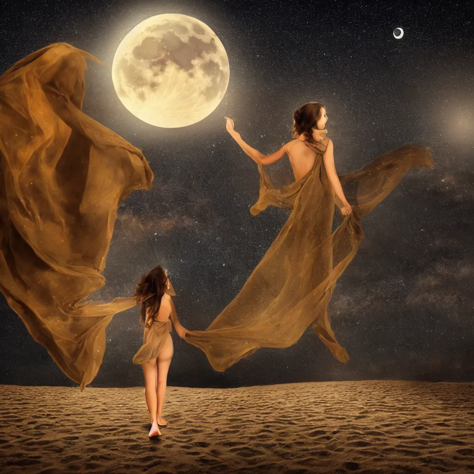 Prompt: young arabian woman standing on the beach at night with the moon above and the galaxy visible, masterful intricate artwork, high detail 8 k