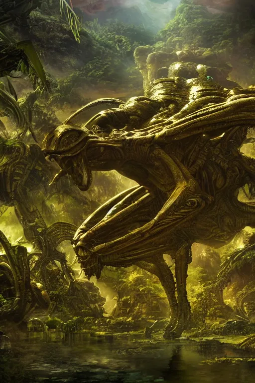 Image similar to alien hive in the exotic jungle, landscape, alex ross, giga, david finch, concept art, matte painting, highly detailed, rule of thirds, dynamic lighting, cinematic, detailed, denoised, centerd