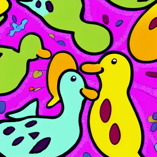 Image similar to psychedelic trippy dreamy featuring too many ducks, artwork in the style of Paprika
