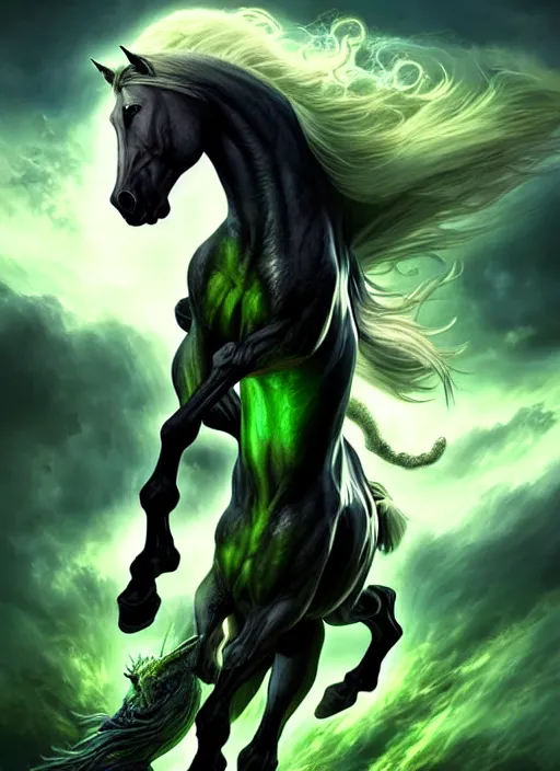 Prompt: the singular horseman of the apocalypse is riding a strong fierce ferocious rabid undead green stallion, horse is up on its hind legs, the strong male rider is death with a scithe, beautiful artwork by artgerm and rutkowski, breathtaking, dramatic