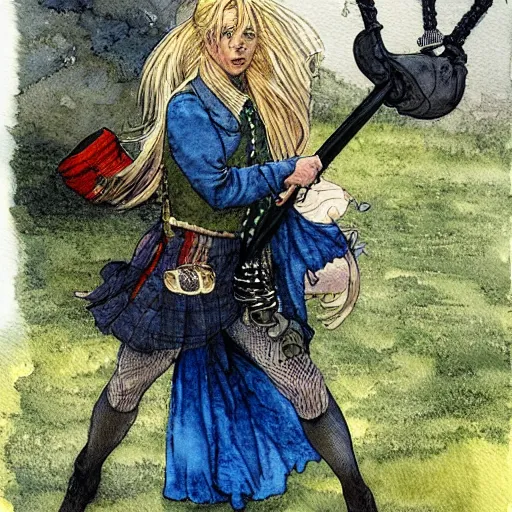 Image similar to a realistic and atmospheric watercolour fantasy concept art of britney spears dressed with scottish clothes and with bagpipe, muted colors. by rebecca guay, michael kaluta, charles vess and jean moebius giraud,