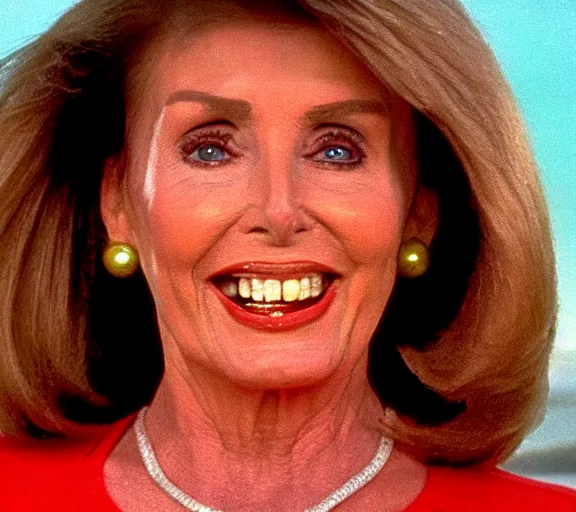 Image similar to color still shot of nancy pelosi on baywatch 1 9 8 9 tv show, face closeup,