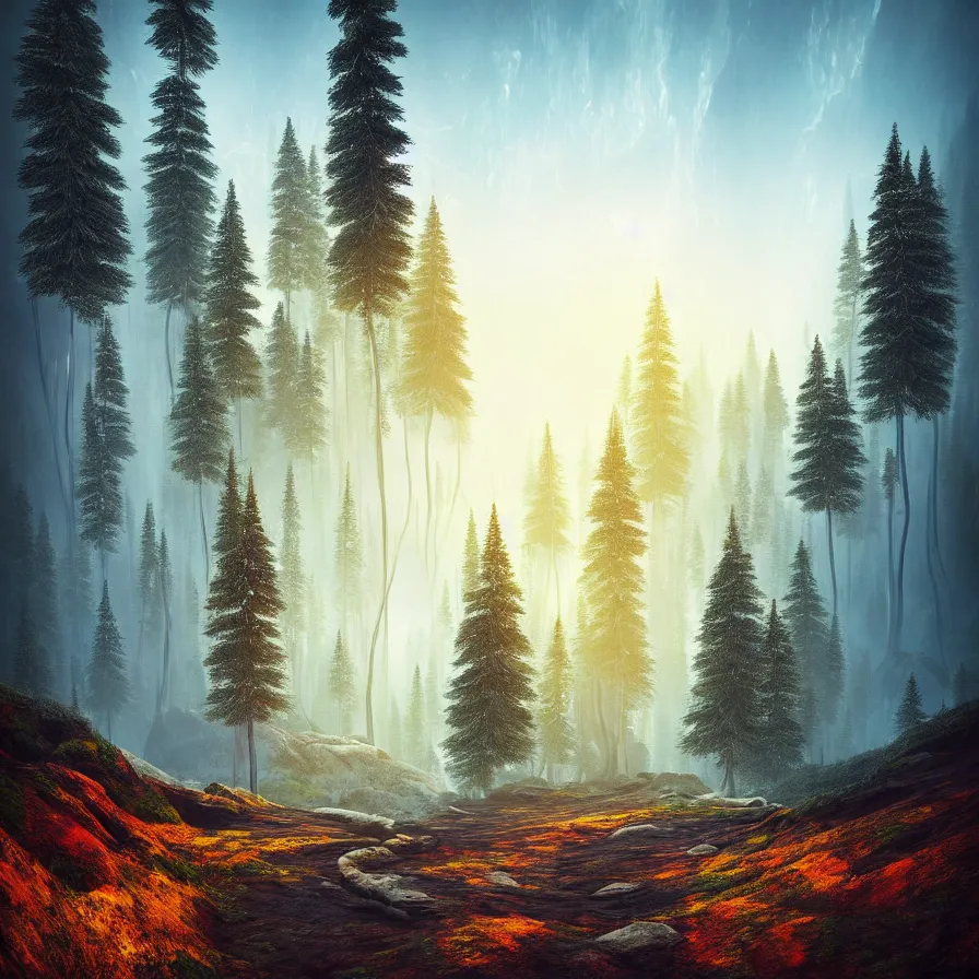 Image similar to fantastic abstract artwork of one natural path leading to the horizon through supernatural pines down skyhigh rocky mountains towards a majestic sunset over the ocean. atmospheric foggy landscape, appeasing tones, psychedelic, ultra realistic, concept art, modern art, photorealistic, octane render.