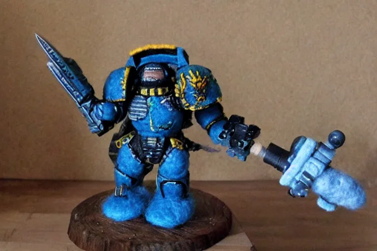 Prompt: needle felted warhammer space marine