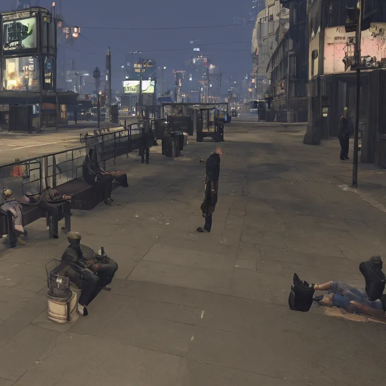 Image similar to some people waiting in a lone bus stop in qiet dark city, by GTA5 in game