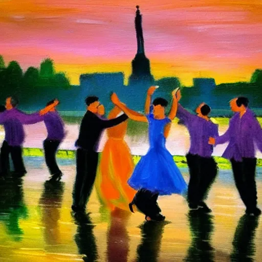 Image similar to impressionist painting of salsa dancers near the seine at sunset