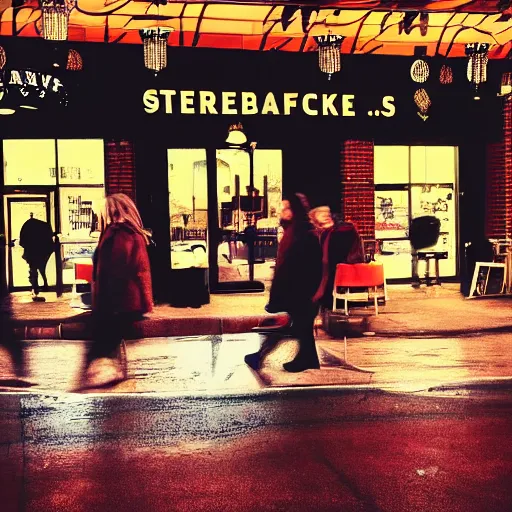 Image similar to cinematic photo of ghostly apparitions at a starbucks in the late afternoon with red sunlight