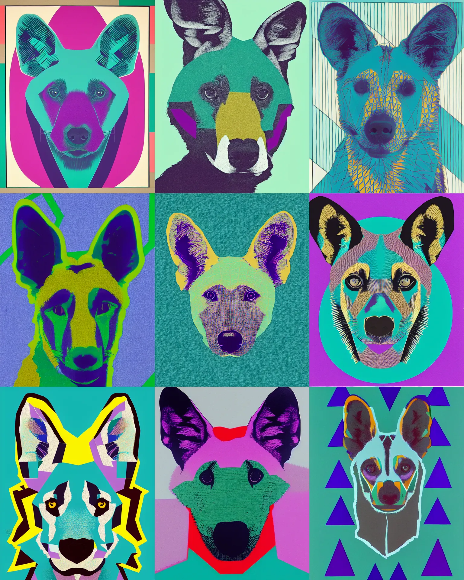 Prompt: a geometric portrait of an african wild dog in teal, blue, green, white and purple, triangles, angular, abstract by andy warhol