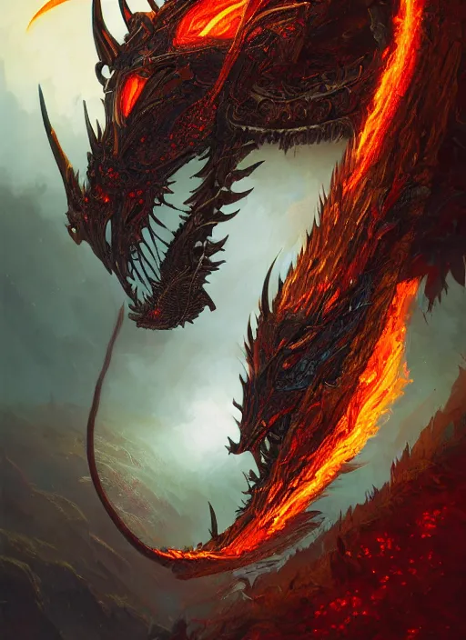 Image similar to highly detailed portrait of knight's helmet reflecting red dragon reflection detailed, 8 k blocking flames fire, green eyes, fantasy art by by simon bisley, loish, rhads, ferdinand knab, and lois van baarle, ilya kuvshinov, rossdraws, tom bagshaw, global illumination, radiant light, detailed and intricate environment