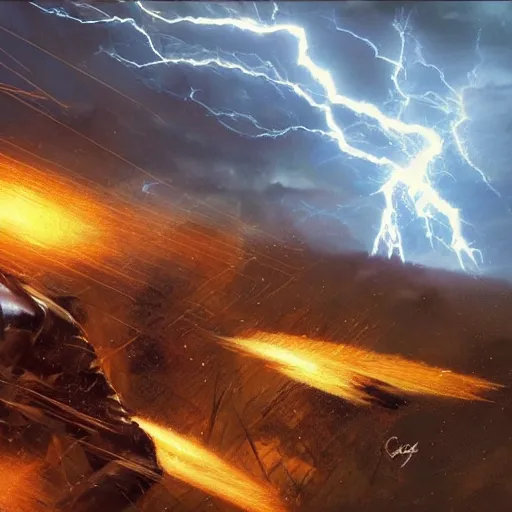 Image similar to a man with short blonde hair blasting lightning bolts at his enemy in battle. detailed matte painting. masterpiece. 4 k. fantasy art. by craig mullins. franzetta. repin