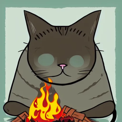 Prompt: Cat lying by the fire, anime, Kawaii, mcbess