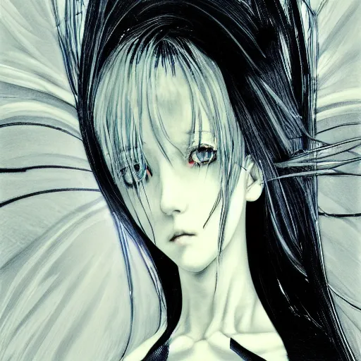 Prompt: Yoshitaka Amano realistic illustration of an anime girl with white hair, eyes without pupils and cracks on her face wearing dress suit with tie fluttering in the wind, abstract black and white patterns on the background, noisy film grain effect, highly detailed, Renaissance oil painting, weird portrait angle