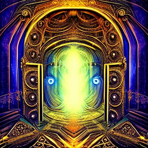 Image similar to majestic portal to another dimension, turbulent image of different time space, filigree details, divine lights, ethereal, sci fi, high detail, intricate, giger and klimt, photo realistic, 8 k