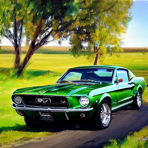 Image similar to green 1967 Ford Mustang GT, Swedish countryside, painting by Vladimir Volegov