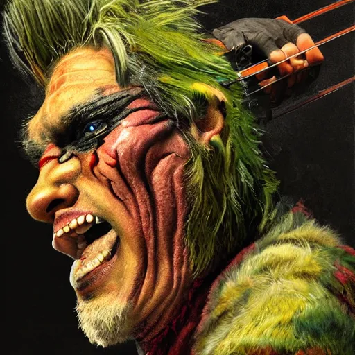 Image similar to detailed photo of a Half-orc bard portrayed by Gary Busey playing a fiddle, 8k,by Tristan Eaton, Stanley Artgermm, Tom Bagshaw, Greg Rutkowski, Carne Griffiths, trending on DeviantArt, face enhance, hyper detailed ,full of color, dramatic lightning, epic stance