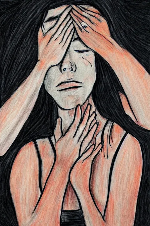 Image similar to woman cryin because toxic relationship, realistic, sketch, colouring and art by jacqueline e